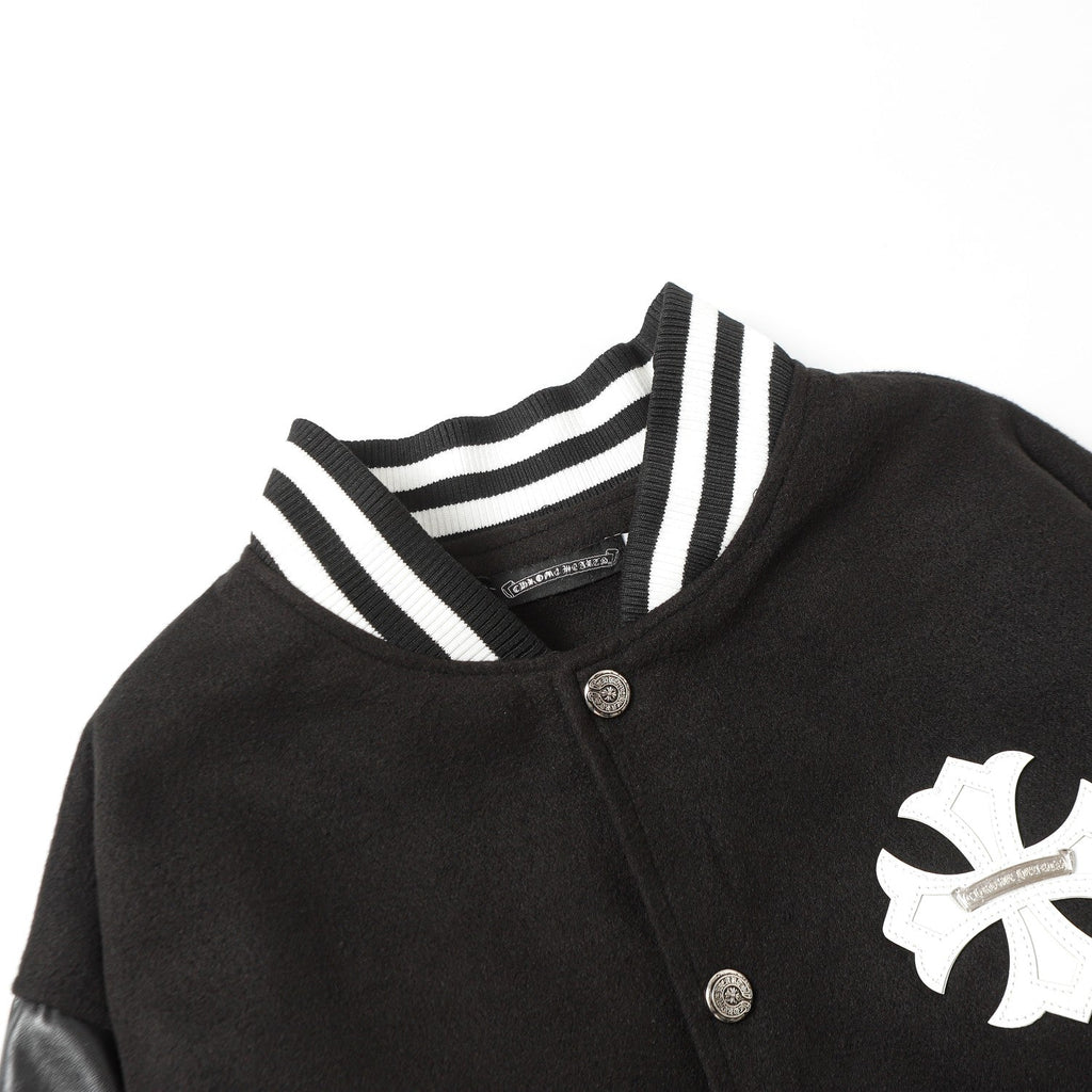 Cross Embroidered Leather Sleeve Varsity Jacket - Black Street Style 116