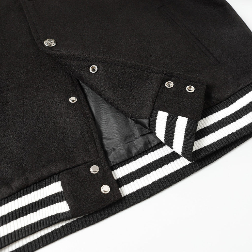Cross Embroidered Leather Sleeve Varsity Jacket - Black Street Style 116