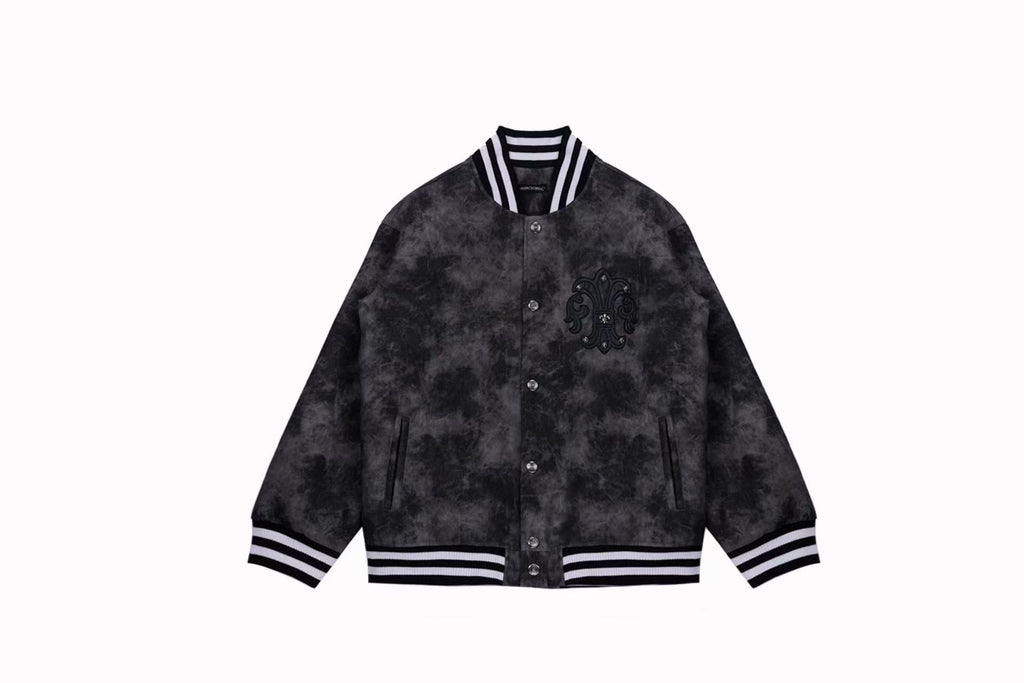 Fleur-de-lis Patch Varsity Jacket - Grey Tie-dye Outerwear A5588