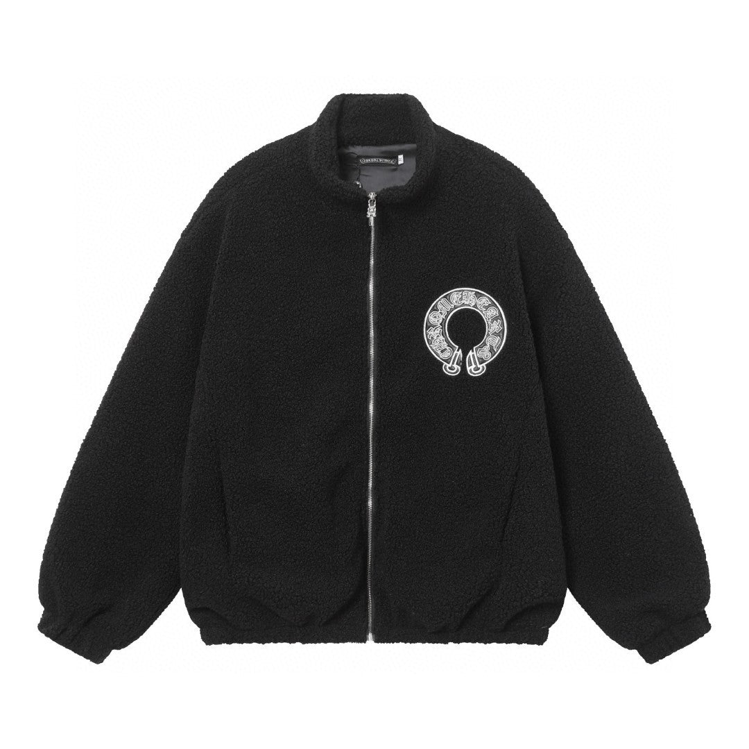 Horseshoe Embroidered Sherpa Jacket - Black Cream Gothic Coat 825
