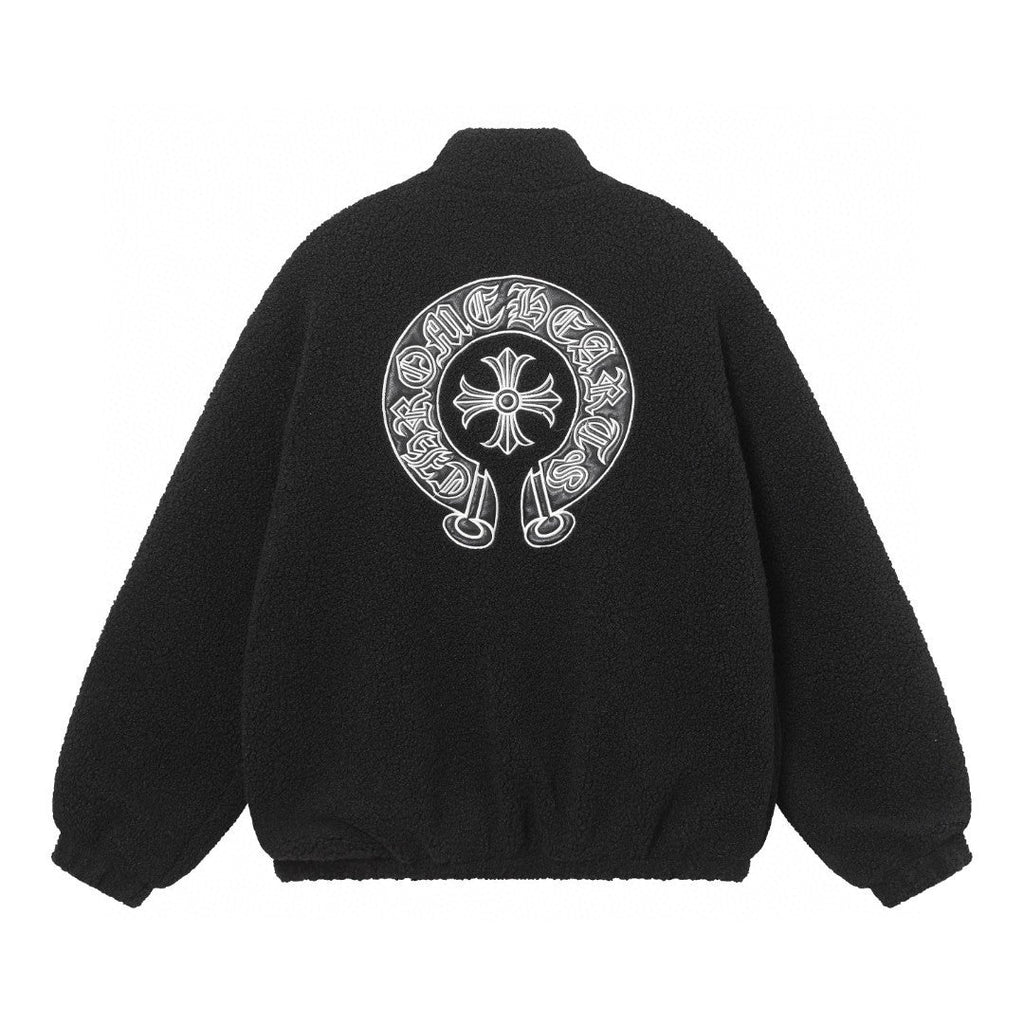 Horseshoe Embroidered Sherpa Jacket - Black Cream Gothic Coat 825